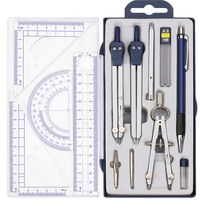 13 Pieces Geometry Set Compass Geometry Tools Math Compass and Protractors Metal Precision Drafting Kit with Storage Box Rulers Pencils Technical Drawing, Engineering & Architecture