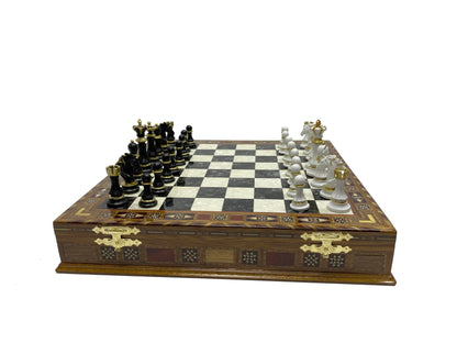 Antochia Crafts 16.5 Inches Large Chess Set - Wooden Chess Board with Mosaic Details and Legendary Hand Painted Luxury Chess Pieces (Black)