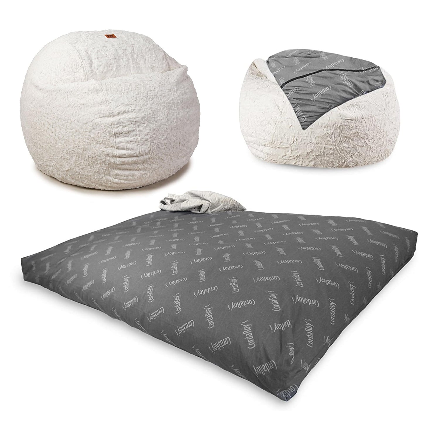 CordaRoy's Faux Fur Bean Bag Chair, Convertible Chair Folds from Bean Bag to Lounger, As Seen on Shark Tank, White - King Size