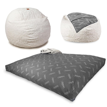 CordaRoy's Faux Fur Bean Bag Chair, Convertible Chair Folds from Bean Bag to Lounger, As Seen on Shark Tank, White - King Size