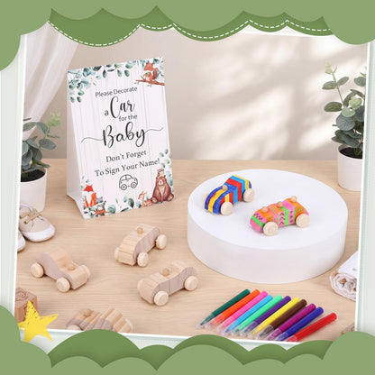 WinnerWhy Baby Shower Game Sign Kit Includes 32 Unfinished Wooden Car Blocks, 12 Markers, and a Prize Decoration Sign for Baby Shower(Animal) Bridal Party Gifts(Animal)