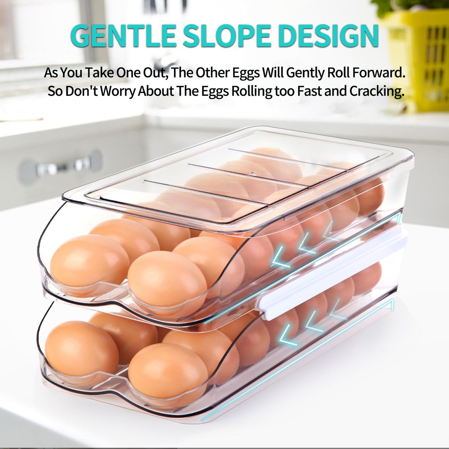 RoskDeewat Egg Holder for Fridge, Automatic Rolling Egg Container for Refrigerator, Stackable Fridge Organizers and Storage with Lid, Clear Plastic Egg Dispenser & Tray (2 Tier)