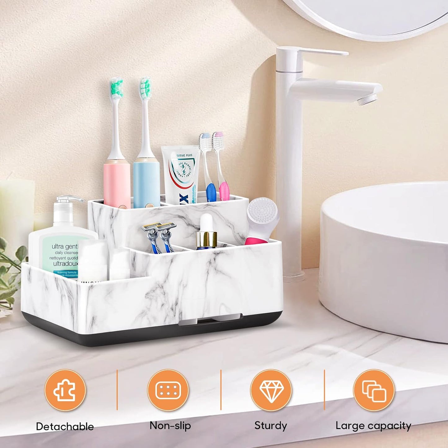 Toothbrush Holder Bathroom Organizer, 5 Compartments for Cosmetic, Makeup, and Office Stationery Storage