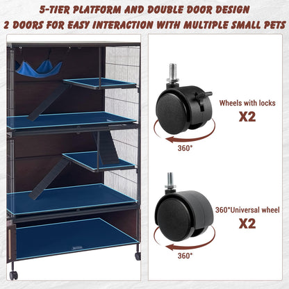 60" Large Ferret Cage, Multi-Level Small Animal Mansion with 4 Wheels, 3 Metal Ramps & Hammock for Chinchillas, Rabbits, Guinea Pigs, Includes PP Trays & Storage Cabinet