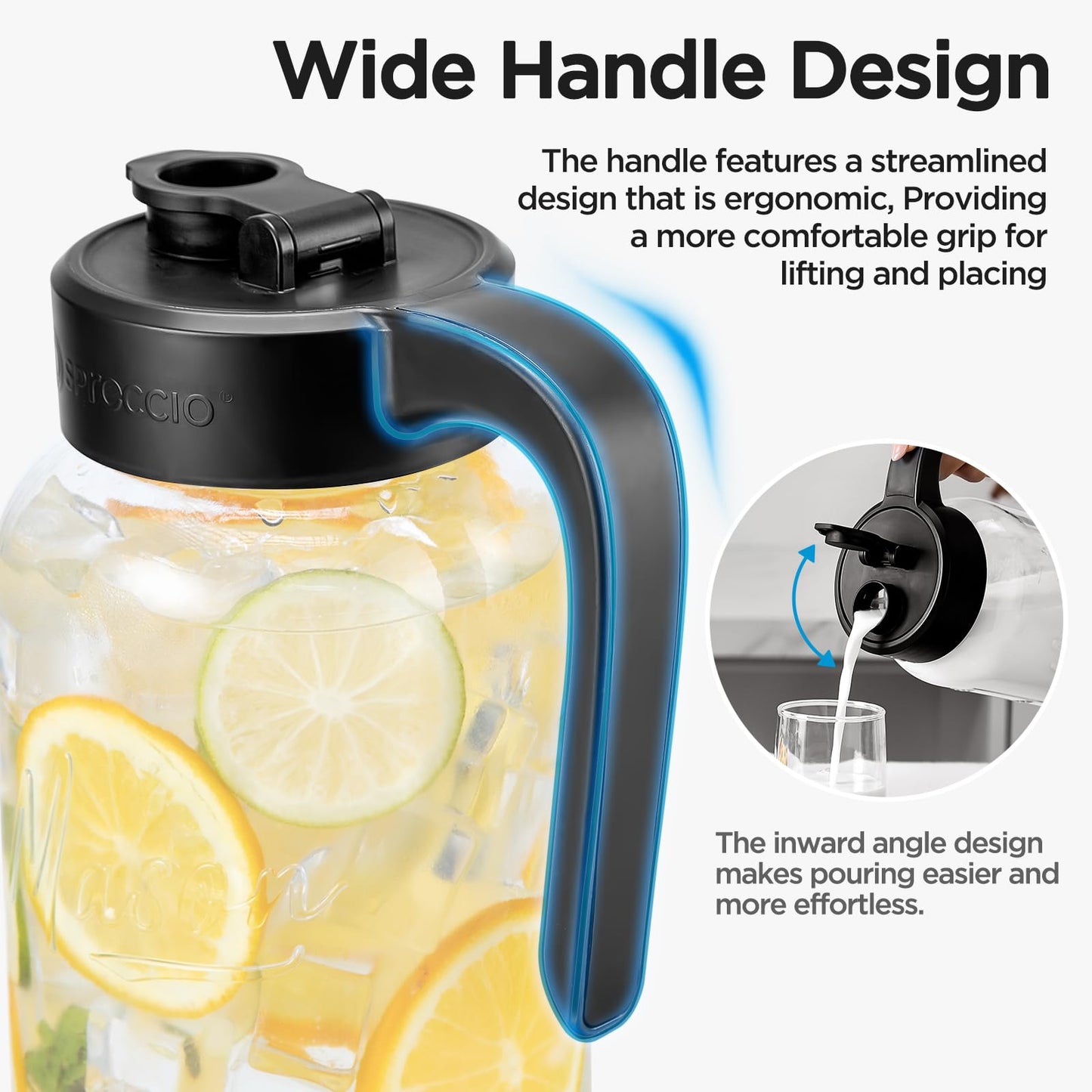 Spreccio Mason Jar Pitcher - Airtight & Leakproof Glass Pitcher with Lid, Perfect for Breastmilk, Cold Brew, and Sun Tea, 2 Quart (64 oz) 1/2 Gallon Mason Jar with Pour Spout Lid
