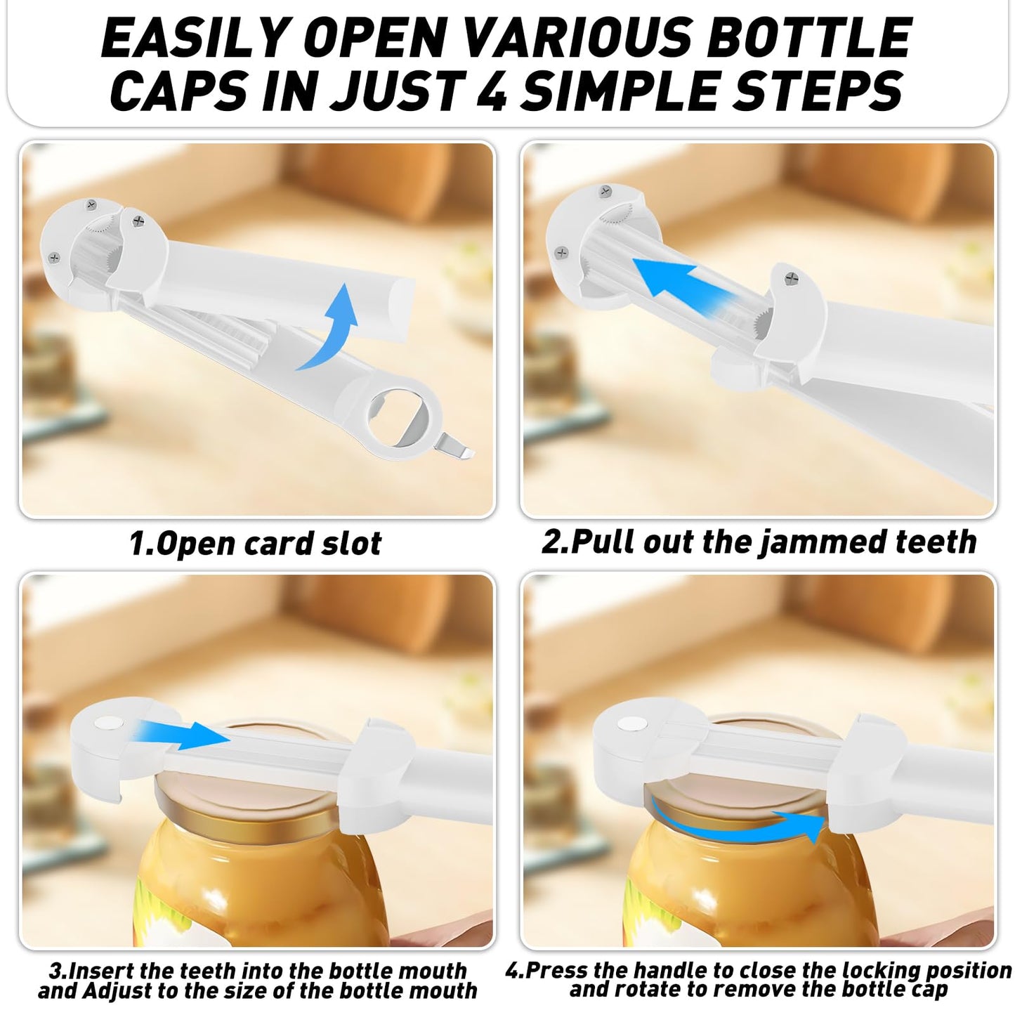 Banyaa Jar Opener Bottle Opener for Seniors with Arthritis, Multi Retractable Magnetic Can Opener, Jar Grippers for Opening Jars, Kitchen Gadgets for Weak Hands and Senior Arthritis (White)