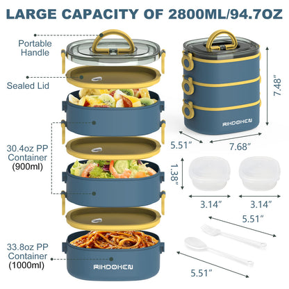 RIKDOKEN Lunch Box, Stackable 3 Layers Containers, Portable 94OZ Large Capacity Leakproof Bento Box with Spoon & Fork & Sauce Boxes, Microwave Safe Lunch Box for Kids and Adults