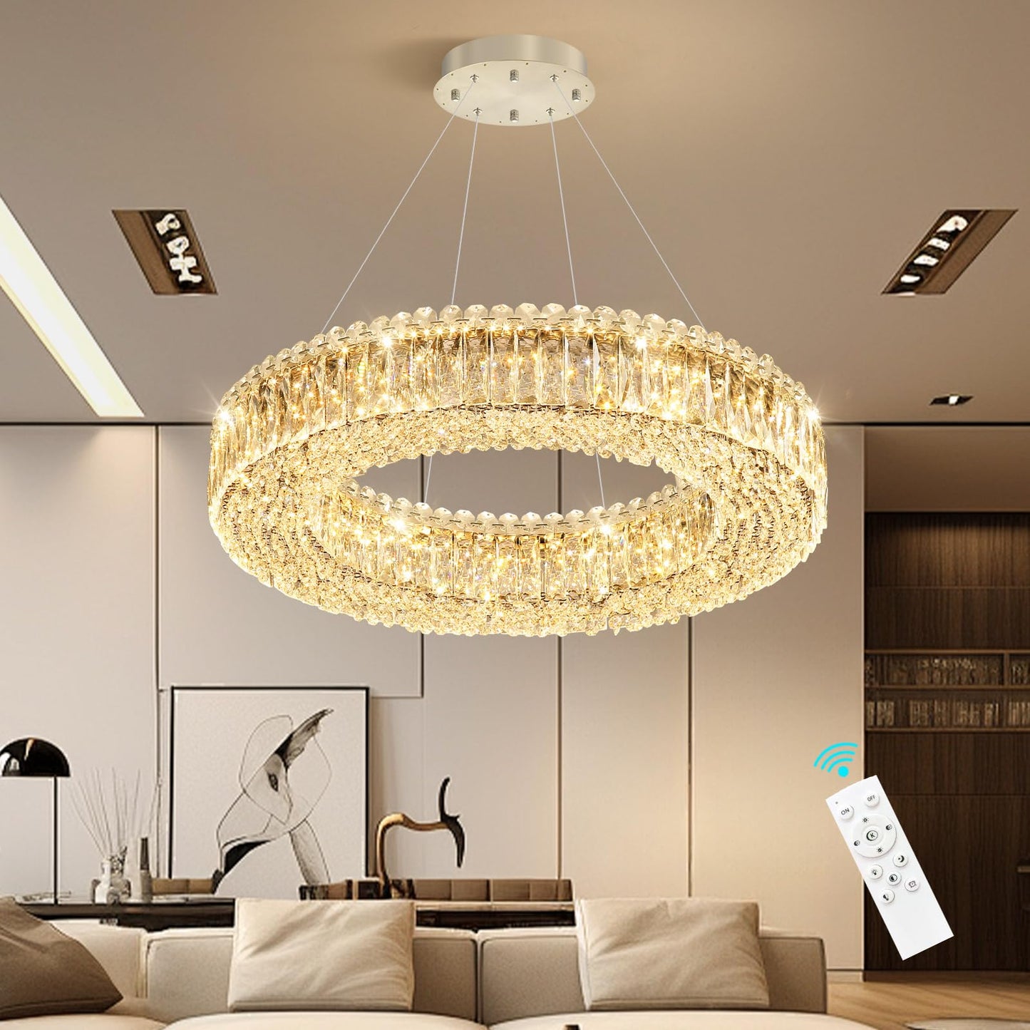 24'' Modern Crystal Chandeliers Large Ring Chandelier for Living Room LED Dimmable Ceiling Light for Dining Room High Ceiling Chandeliers for Foyer Entryway Silver