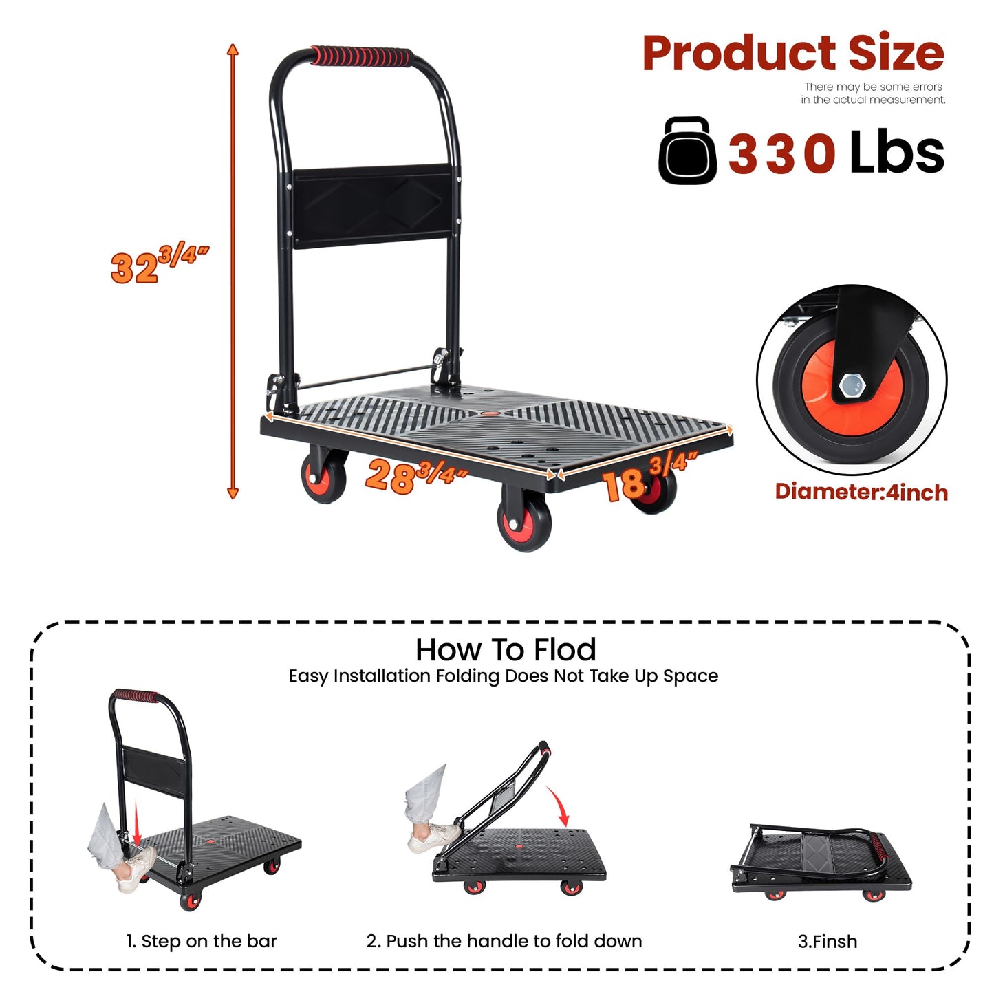 Foldable Trolley Cart with 5-Inch Silent Wheels, Heavy-Duty Wheeled Platform Cart for Transporting, 660LBS Capacity, 4 Steel Beams, Foldable Hand Truck for Warehouse Garage Home Use,A1