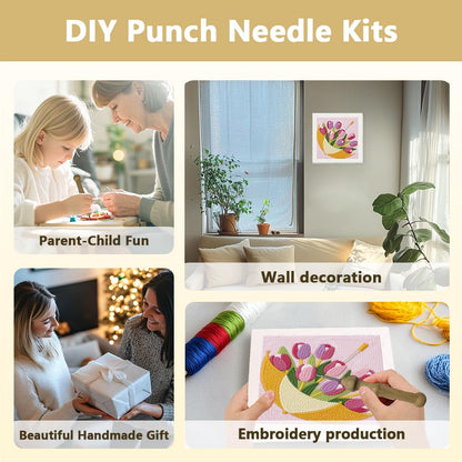 DOODLREAM Tulips Flower Punch Needle Kit for Beginner, 9.4"x 9.4" Umbrellas Punch Stitching Craft Set, DIY Embroidery Starter with Printed Frame, Instruction, Threader, Yarn, Pinch Needle