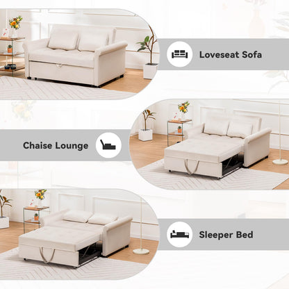 COMHOMA Convertible Sofa Bed,55" Sleeper Sofa Bed, 3-in-1 Pull Out Couch Bed with Reclining Backrest and Pillows, Full Convertible Sleeper Loveseat for Living Room (White)