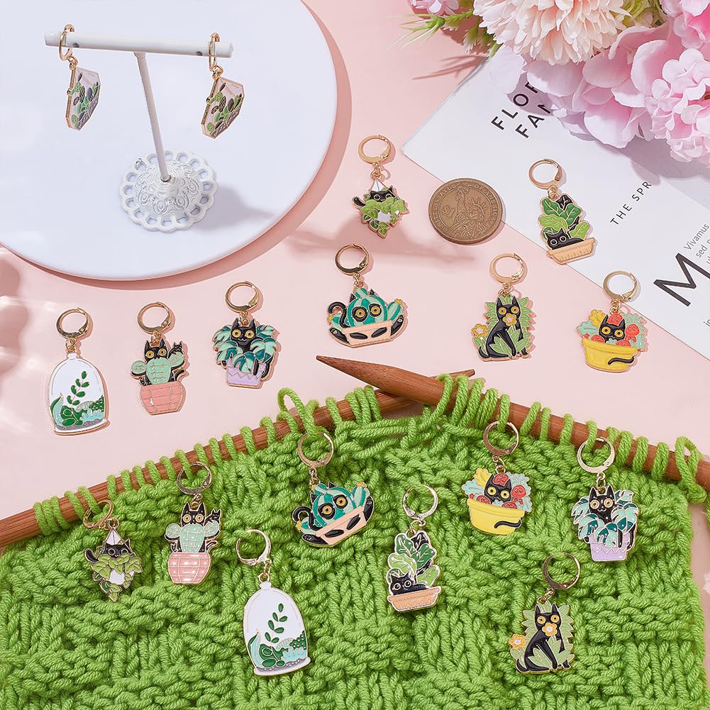 WADORN 18pcs 9 Styles Cat Enamel Stitch Markers for Crocheting and Knitting Cats Plant Theme Metal Enamel Crochet Markers Crochet Gifts DIY Ornament for Knitting Weaving Sewing Quilting Jewelry Making