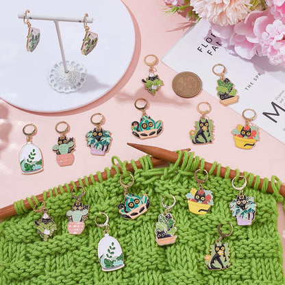WADORN 18pcs 9 Styles Cat Enamel Stitch Markers for Crocheting and Knitting Cats Plant Theme Metal Enamel Crochet Markers Crochet Gifts DIY Ornament for Knitting Weaving Sewing Quilting Jewelry Making