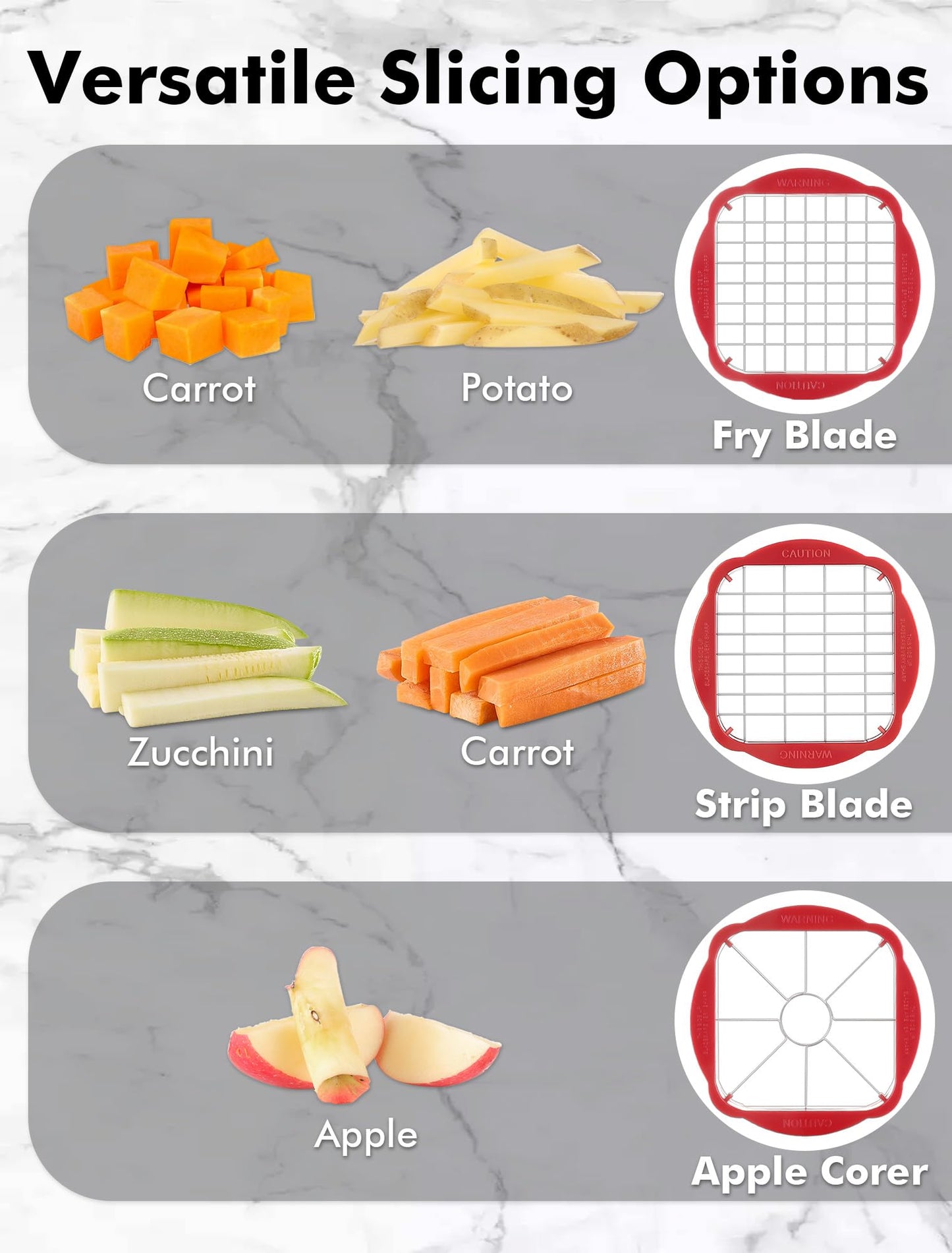 French Fry Cutter, Professional Home Style Onion Chopper, Vegetable Chopper Dicer Manual, Easy to Clean, Ultra Sharp Blades Thick-Strip Fry Cutter Apple Slicer and Corer, 3 Blades