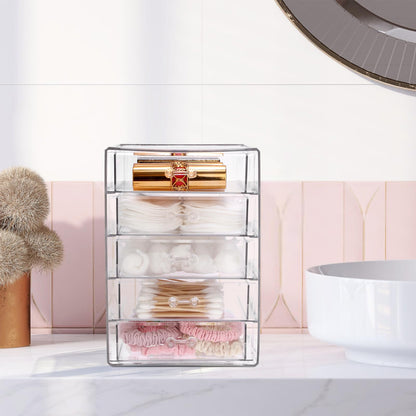 BTSKY Clear Acrylic Storage Organizer with Drawers, 5-Layer Desktop Organizer for Office Essentials, Multi-Purpose Stackable Container for Bathroom Vanity, Desk Makeup Jewelry Container Storage Box