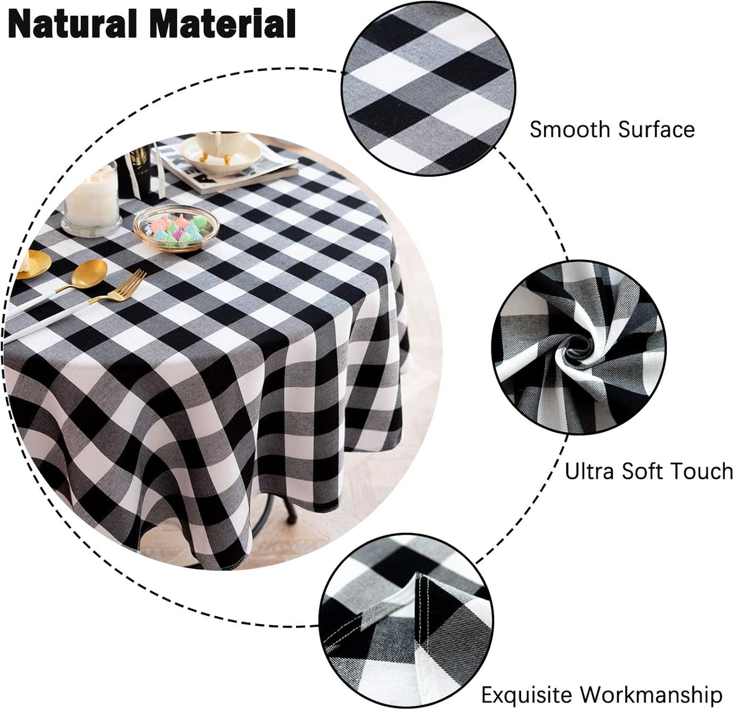 Buffalo Plaid Round Tablecloth, Checkered Cotton Linen Table Cover for Kitchen Dining Room, 48 Inch
