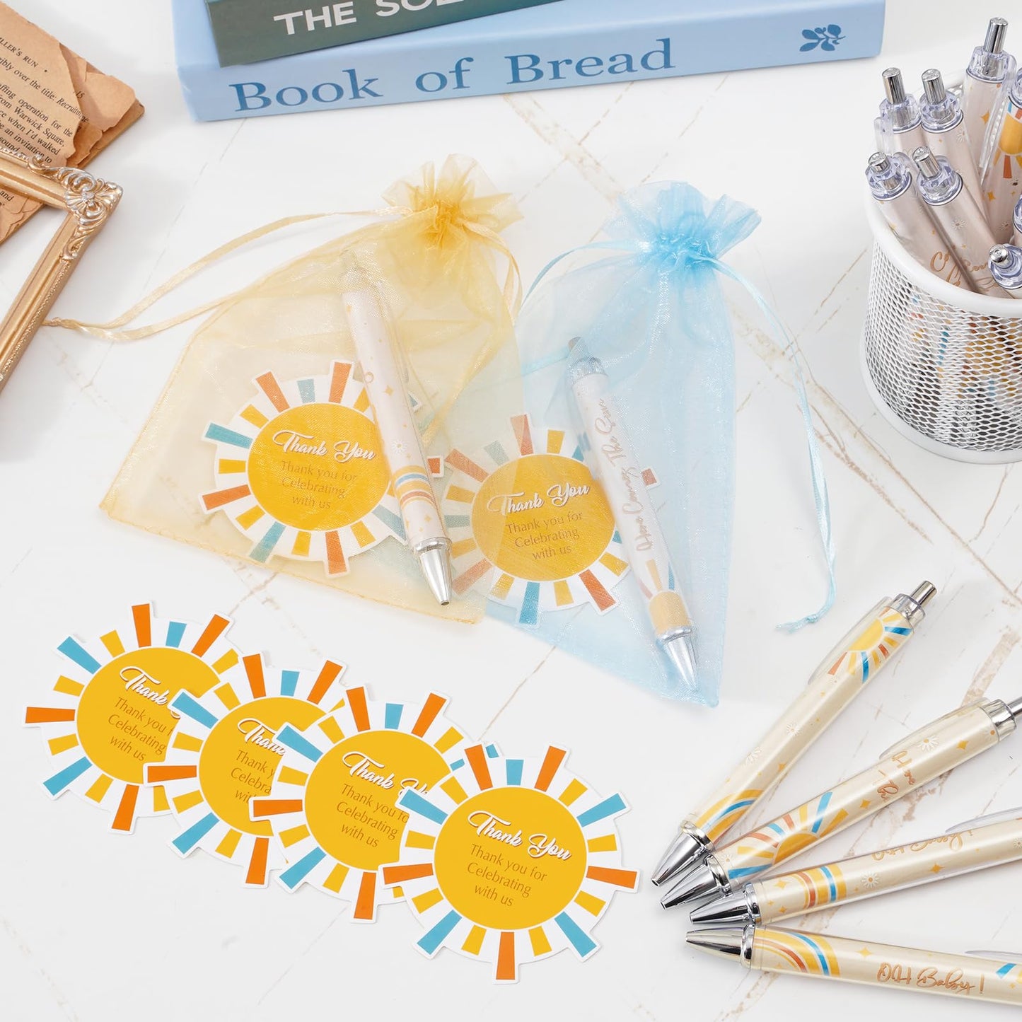 JarThenaAMCS 72Pcs Sun Baby Shower Favor Gifts for Guests Boho Sun Retractable Ballpoint Pens Organza Bags Greeting Cards for Birthday Gender Reveal Souvenirs Prizes