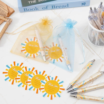 JarThenaAMCS 72Pcs Sun Baby Shower Favor Gifts for Guests Boho Sun Retractable Ballpoint Pens Organza Bags Greeting Cards for Birthday Gender Reveal Souvenirs Prizes