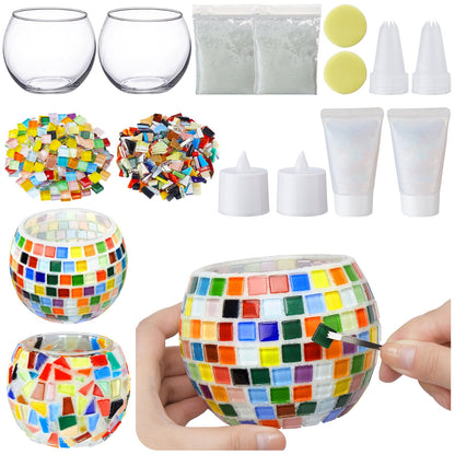 Sunnychicc 2 Set Glass Mosaic Candle Holder Kit Include Tea Light Holder, Glass Mosaic Tiles DIY Crafts Creativity Handmade Artwork for Adults Home Lighting Decor(Rainbow Theme)