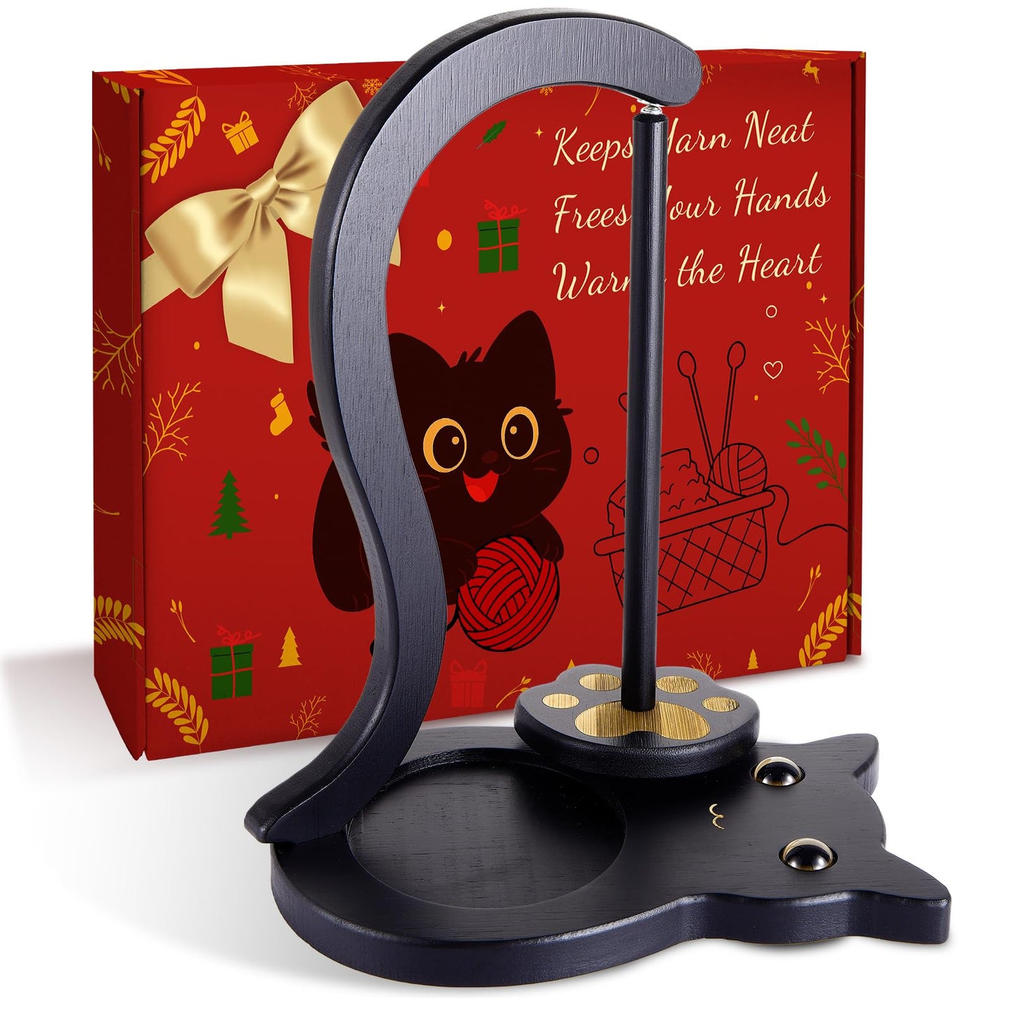 Black Cat Yarn Holder for Crocheting, Wooden Crochet Yarn Holder Magnetic Yarn Spinner with Accessories Storage Anti-Slip Pads,Yarn Ball Holder Crochet Gift for Knitting Lovers with Gift Box Packaging