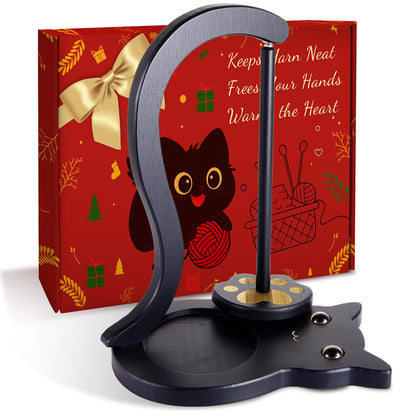 Black Cat Yarn Holder for Crocheting, Wooden Crochet Yarn Holder Magnetic Yarn Spinner with Accessories Storage Anti-Slip Pads,Yarn Ball Holder Crochet Gift for Knitting Lovers with Gift Box Packaging