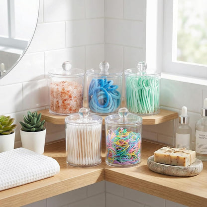 SheeChung Clear Acrylic Apothecary Jars - 6-Pack Qtip Holder Set (3) 10oz & (3) 12oz - Shatterproof Bathroom Organizer