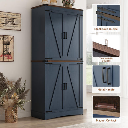 Hlivelood 71" Tall Kitchen Pantry,Farmhouse Storage Cabinet with Adjustable Shelves,Load-Bearing Steel Pipe,Farmhouse Pantry Cabinet with 4 Barn Doors,for Kitchen,Dining Room,Living Room(Blue)