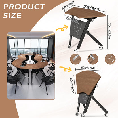 JFazzruit Folding Conference Table,Fan-Shaped Conference Room Tables with Wheels, Mobile Modular Seminar Meeting Desk for Classrooms,Office & Seminar (8, Fan-Walnut)
