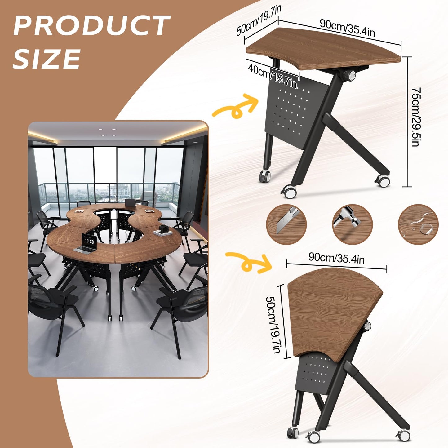 JFazzruit Folding Conference Table,Fan-Shaped Conference Room Tables with Wheels, Mobile Modular Seminar Meeting Desk for Classrooms,Office & Seminar (2, Fan-Walnut)