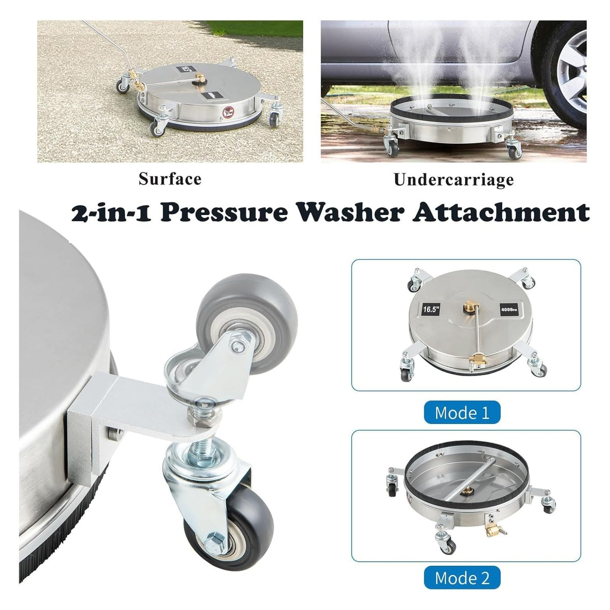 TRELVEX 16.5in Pressure Washer Surface Cleaner, 2 in 1 Stainless Steel Power Washer Attachment with 4 Wheels, 2 ExWands, 1/4" Quick Connector, Undercarriage Cleaner for Sidewalks, 4000 PSI