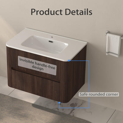 GDFStudio 30" Wall Mounted Bathroom Vanity with Sink,Floating MDF Cabinet with Soft-Close Double Drawers,Vanity with White Ceramic Integrated Basin, Modern Space-Saving Bathroom Storage,Dark Walnut