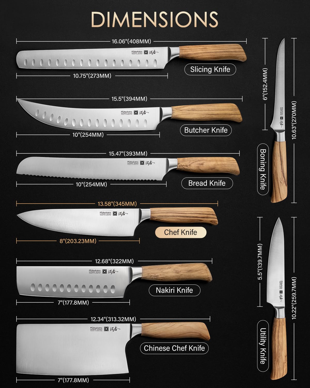 Mitsuharu 8 Inch Chef Knife, SHOMAN Series Meat Cutting Knife with Olive Wood Handle, German Steel Chef's Knife for Kitchen Cooking, Ultra Sharp Cutting Chopping Knife for Vegetable Fruit with Case