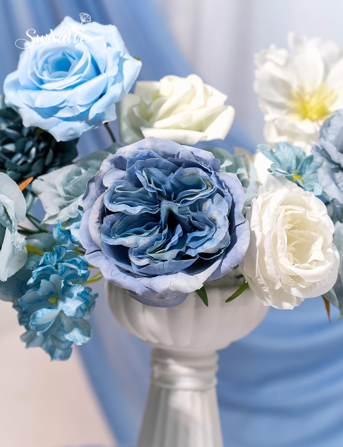SWNAWE Light Blue Flowers Artificial Roses Combo Set Fake Blue Silk Flowers Faux Peony Flowers Mix Hydrangea Dahlia with Stems for Wedding Bouquets Baby Bridal Shower Party Floral Arrangements Decor