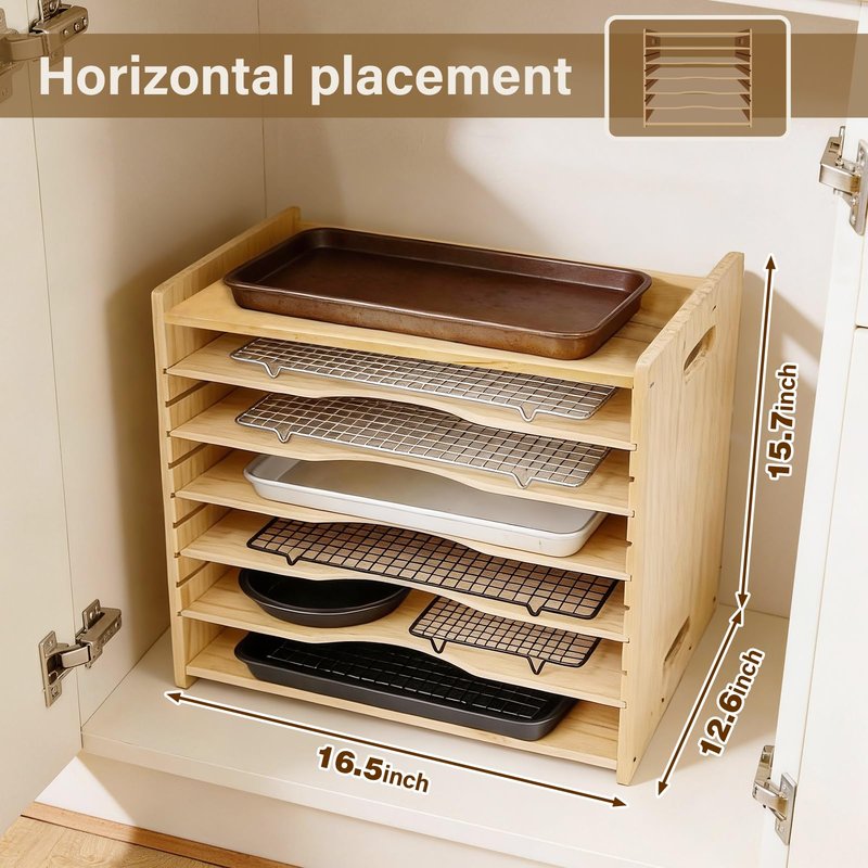 6 Tier Wooden Tray Dividers for Cabinets, Cookie Sheet Organizer 15.7" W x 16.5" H x 12.6" D Baking Sheets, Pans and Cutting Boards Organizer for Kitchen Cabinets or Countertop