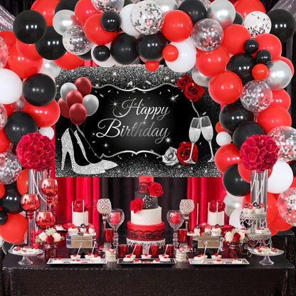 JOYMEMO Red Black and Silver Party Decorations, Women's Birthday Supplies with Balloon Garland and Backdrop