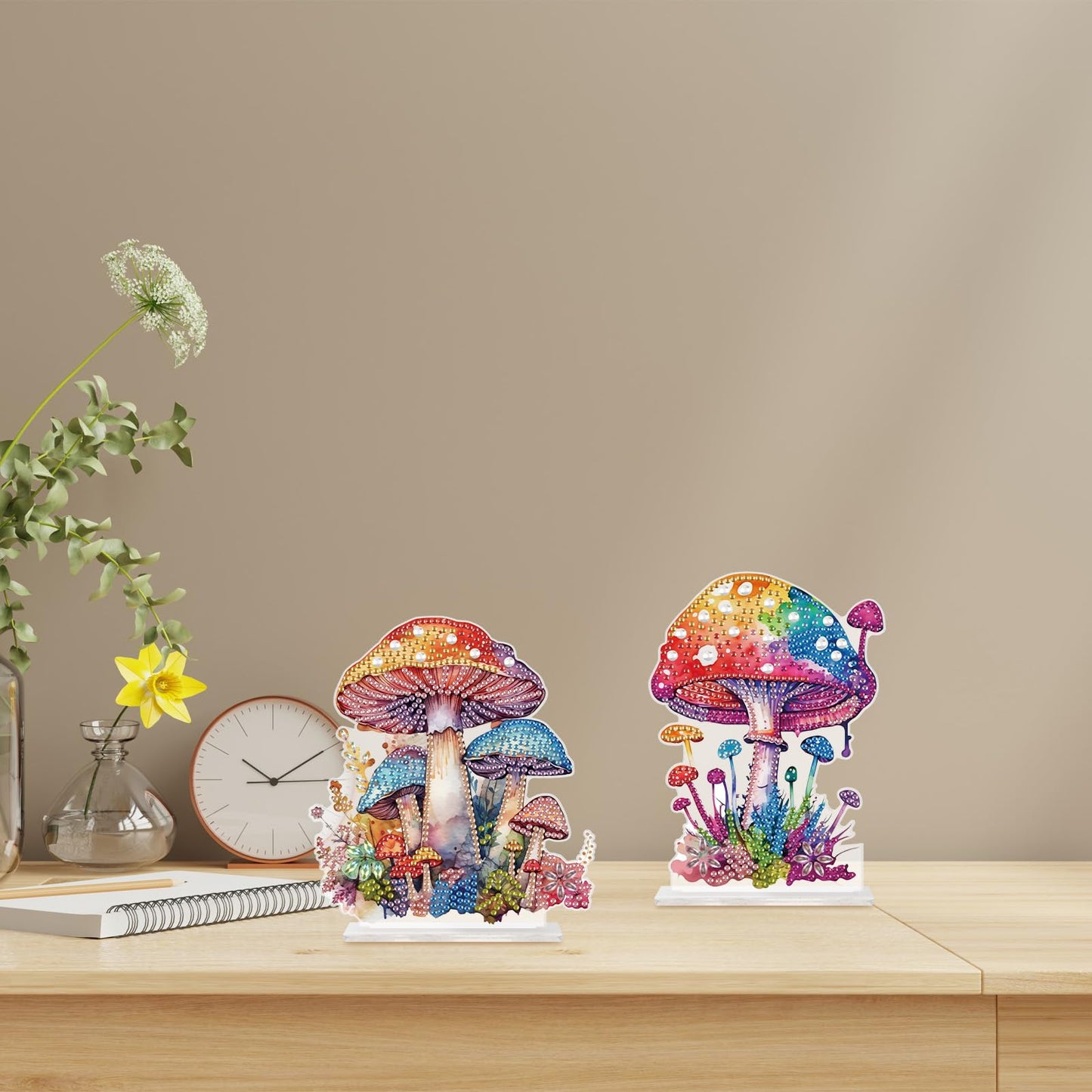 antor 2 Pcs Mushroom Diamond Art Tabletop Ornaments, 5D Acrylic Crystal Diamond Painting Desktop Kits for Adults, DIY Special Shaped Diamond Art Desk Decorations for Home Office, Desktop Crafts Gifts