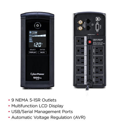 CyberPower CP1000AVRLCD Intelligent LCD UPS Battery Backup and Surge Protector, 1000VA/600W, 9 Outlets, AVR, Mini-Tower, UL Certified
