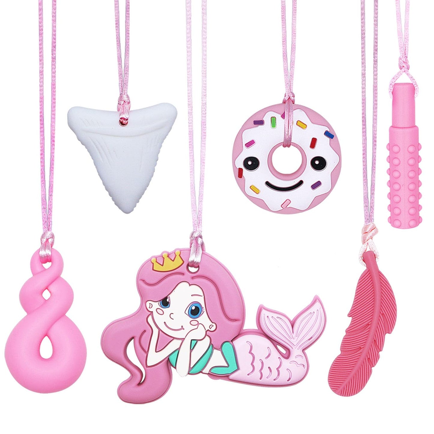 Chew Necklaces for Sensory Kids Adults, 6 Pack Silicone Sensory Chew Toys for Autistic Children with ADHD/SPD/Autism/Anxiety, Pink Chewy Necklace Stim Toy for Teething Chewing Biting Fidgeting