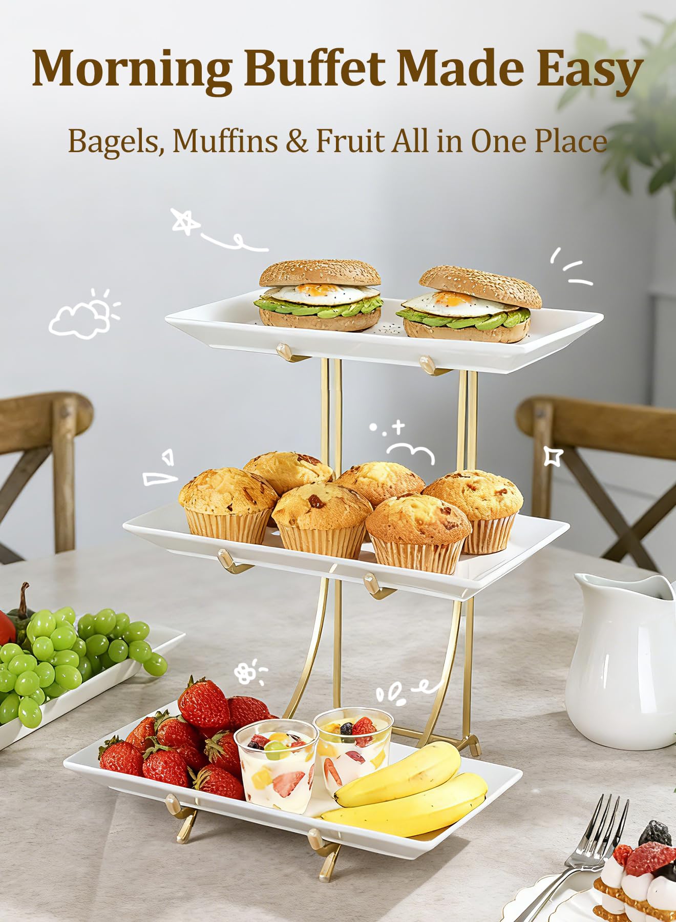 Yedio 3 Tier Serving Tray Set – 12 Inch Porcelain Serving Platters with Pre-Assembled Gold Metal Stand, No Installation Required, Tiered Tray for Dessert Fruit Food Display and Party Entertaining
