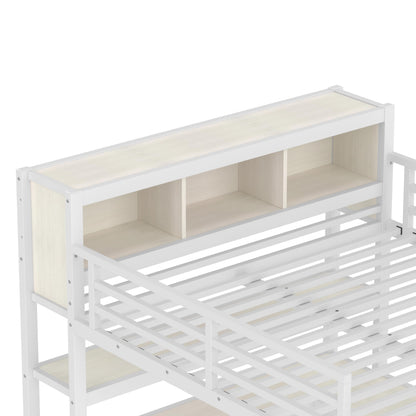 Bellemave Queen Loft Bed with Desk & Wardrobe, Heavy Duty Metal Loft Beds with Storage Shelves, Space Saving Loft Bed Queen Size with Safety Guard, White Wood Grain