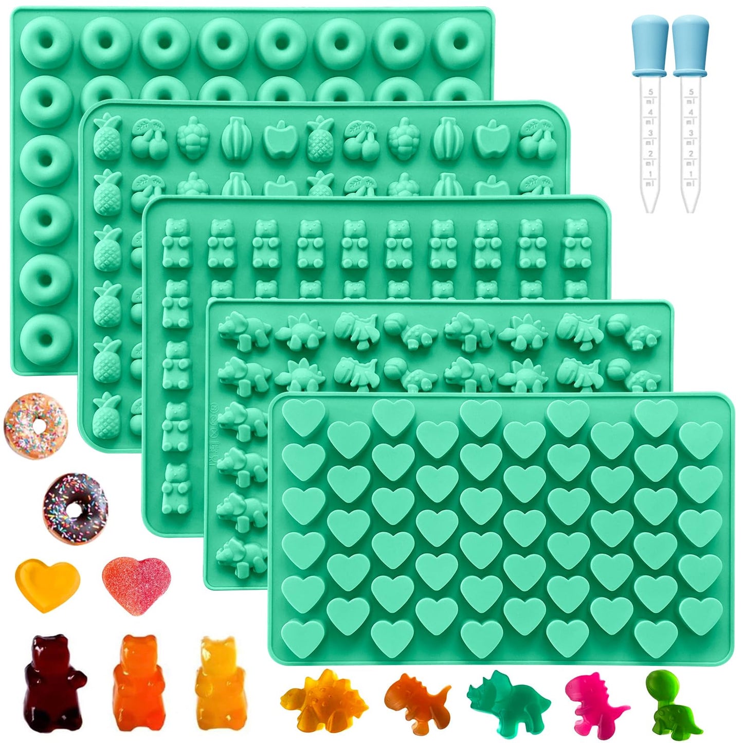 Silicone Gummy Molds Set of 5, Candy Molds Silicone with 2 Droppers for Convenient Filling, Gummy Molds Set Includes Dinosaur, Bear, Donut, Heart and Fruit