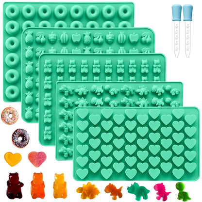 Silicone Gummy Molds Set of 5, Candy Molds Silicone with 2 Droppers for Convenient Filling, Gummy Molds Set Includes Dinosaur, Bear, Donut, Heart and Fruit