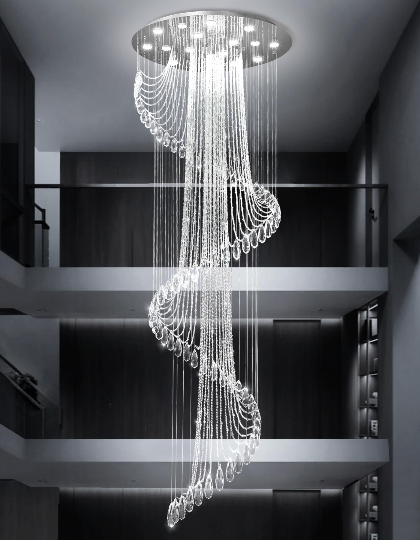 D40'' x H120'' Modern Crystal Chandelier for Foyer Glam Chandelier High Ceiling Chandeliers Large Raindrop Pendant Lights LED Dimmable Light Fixtures for Staircaes Living Room Entryway Silver