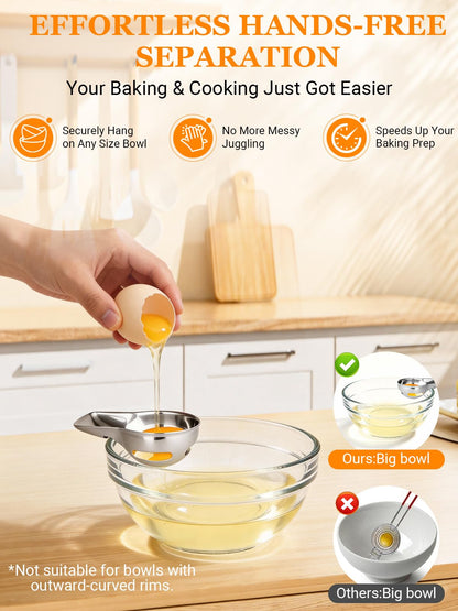 2 Pack Stainless Steel Egg Separator, Clip-On Egg Yolk Separator Tool, Hands-Free Egg White Separator from Yolk for Raw Eggs, Dishwasher Safe Yolk Separator for Any Bowl or Basin