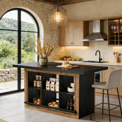 Tribesigns Kitchen Island with Storage, 62.6" Farmhouse Table with 6-Cubby Open Shelves & Metal Foot Rail, Butcher Block Style Counter Height Stationary Unit