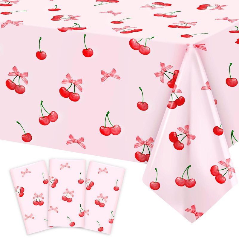 3pcs Cherry Birthday Decorations Tablecloths, Large Size Cherry and Bows Birthday Decorations Table Cloth for Cherries Themed Party, 54 x 108 Inch