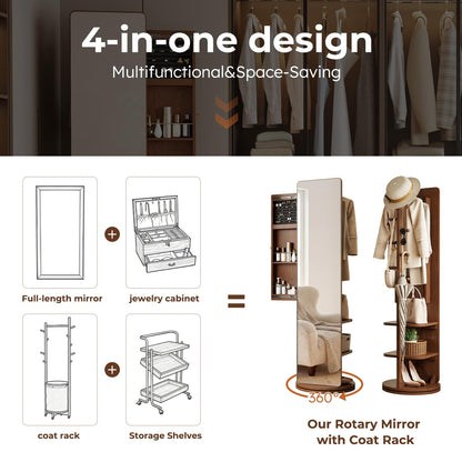 Mansfieler 69" H×20" W Solid Wood Mirror Jewelry Cabinet,360°Swivel Jewelry Organizer,Jewelry Armoire Cabinet Standing,Full Length Mirror with Storage&Coat Rack,Walnut