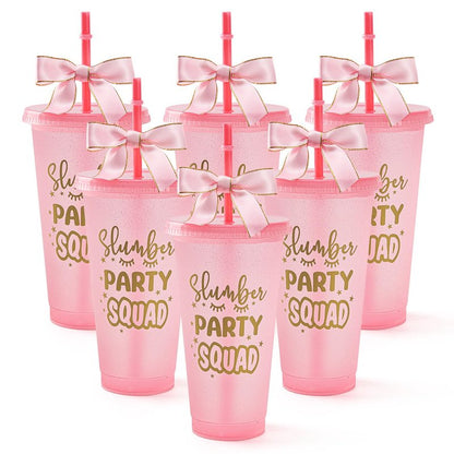 Yicentdp 6 Set Slumber Party Plastic Cups with Lid Straw and Twist Bow 24 oz Sleepover Tumblers Reusable Cups for Birthday Slumber Spa Party Supplies