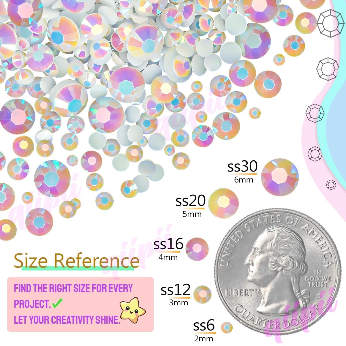 qiipii 48 Color 3mm Jelly AB & Crystal Colorful Resin Rhinestones for Bedazzling Crafting SS10 Flatback Stones Gems Diamonds Charms for Nails Eyes Face Makeup Beauty Tumblers Bottles DIY Crafts Shoes