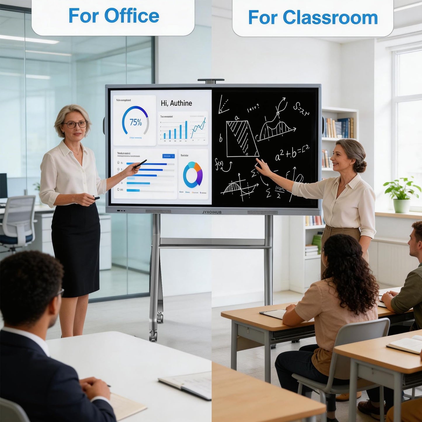 JYXOIHUB Smart Board Stand for 42"– 75" Interactive Smart Whiteboard, Height Adjustable Mobile Portable Stand with Four Lockable Wheels for Classroom Home Office Business Studio